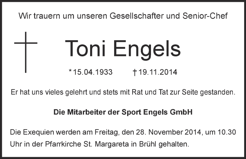  Traueranzeige für Toni Engels vom 26.11.2014 aus  Kölner Wochenspiegel  Schlossbote/Werbekurier 