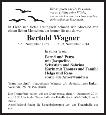 Anzeige von Bertold Wagner von  Wochenende 