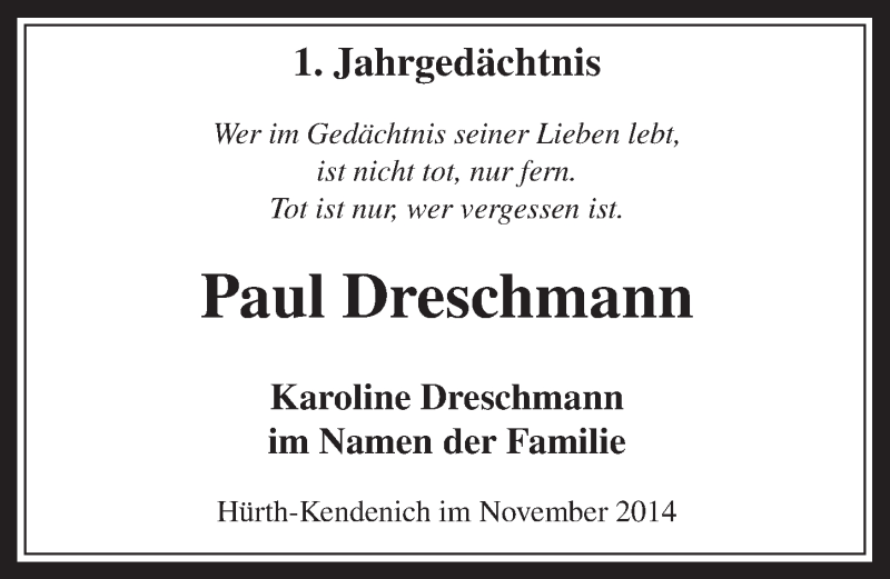  Traueranzeige für Paul Dreschmann vom 26.11.2014 aus  Wochenende 