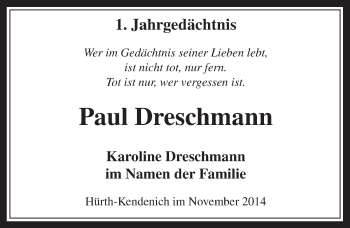 Anzeige von Paul Dreschmann von  Wochenende 