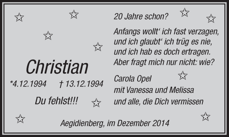  Traueranzeige für Christian  vom 03.12.2014 aus  Extra Blatt 