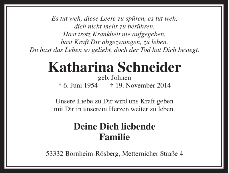  Traueranzeige für Katharina Schneider vom 26.11.2014 aus  Schaufenster/Blickpunkt 