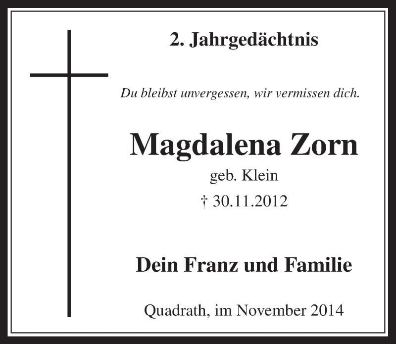  Traueranzeige für Magdalena Zorn vom 26.11.2014 aus  Werbepost 