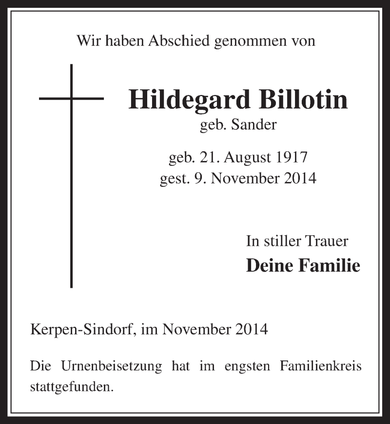 Traueranzeige für Hildegard Billotin vom 26.11.2014 aus  Werbepost 