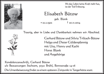 Anzeige von Elisabeth Bütow von  Schlossbote/Werbekurier 