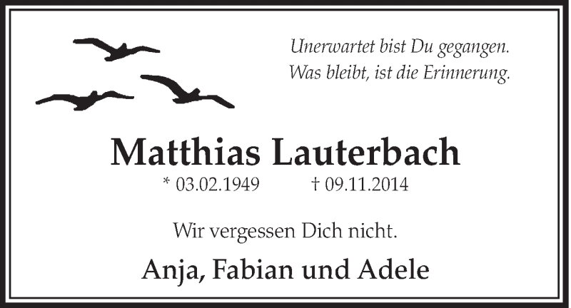 Traueranzeige für Matthias Lauterbach vom 26.11.2014 aus  Schlossbote/Werbekurier 