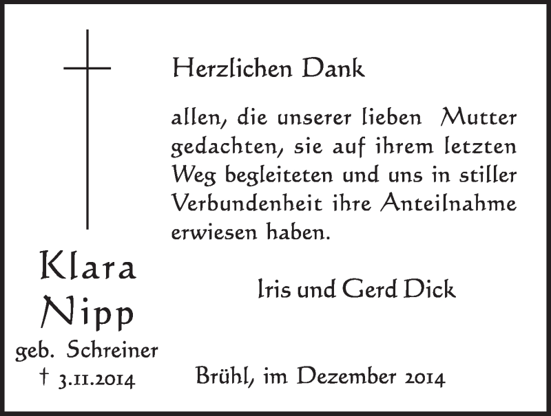  Traueranzeige für Klara Nipp vom 03.12.2014 aus  Schlossbote/Werbekurier 