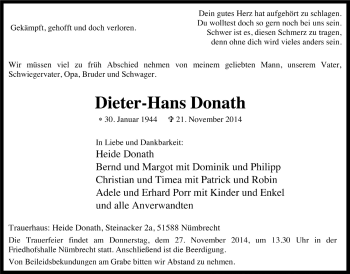 Anzeige von Dieter-Hans Donath von  Lokalanzeiger 
