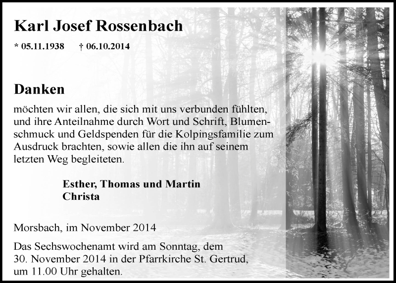  Traueranzeige für Karl Josef Rossenbach vom 26.11.2014 aus  Lokalanzeiger 