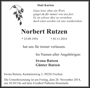 Anzeige von Norbert Rutzen von  Wochenende 