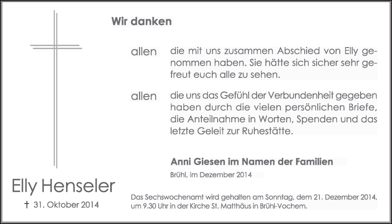  Traueranzeige für Elly Henseler vom 10.12.2014 aus  Schlossbote/Werbekurier 