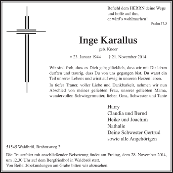 Anzeige von Inge Karallus von  Lokalanzeiger 