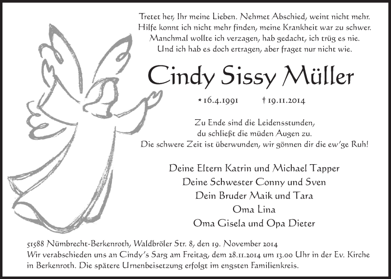  Traueranzeige für Cindy Sissy Müller vom 26.11.2014 aus  Lokalanzeiger 