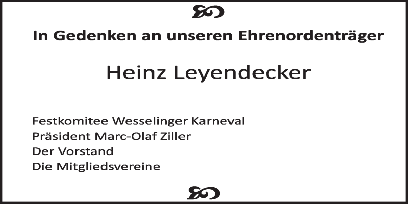  Traueranzeige für Heinz Leyendecker vom 26.11.2014 aus  Schlossbote/Werbekurier 