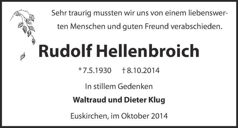  Traueranzeige für Rudolf Hellenbroich vom 26.11.2014 aus  Schlossbote/Werbekurier 
