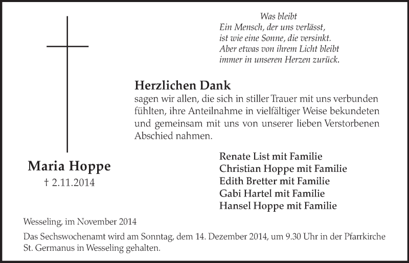  Traueranzeige für Maria Hoppe vom 26.11.2014 aus  Schlossbote/Werbekurier 