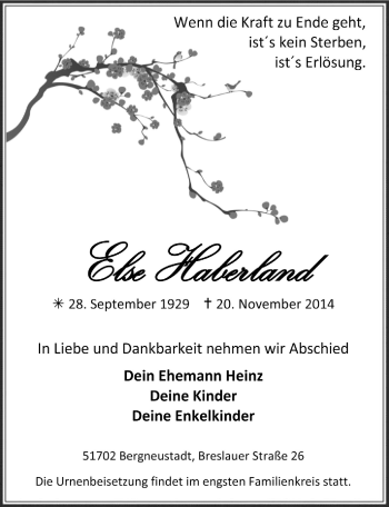 Anzeige von Else Haberland von  Anzeigen Echo 