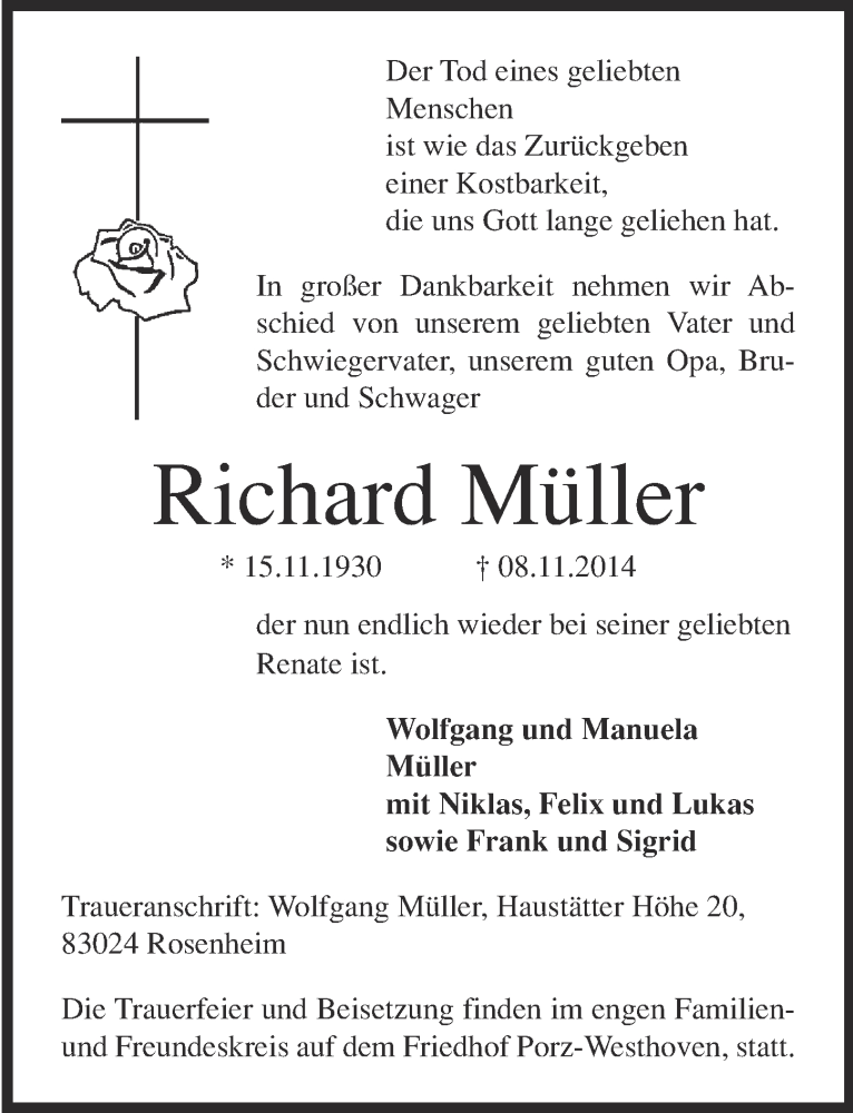  Traueranzeige für Richard Müller vom 26.11.2014 aus  Kölner Wochenspiegel 