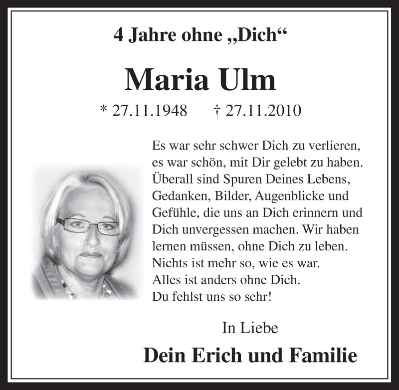  Traueranzeige für Maria Ulm vom 26.11.2014 aus  Wochenende 