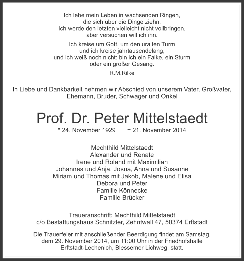  Traueranzeige für Peter Mittelstaedt vom 26.11.2014 aus  Werbepost 