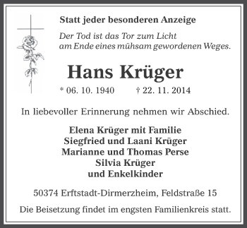 Anzeige von Hans Krüger von  Werbepost 