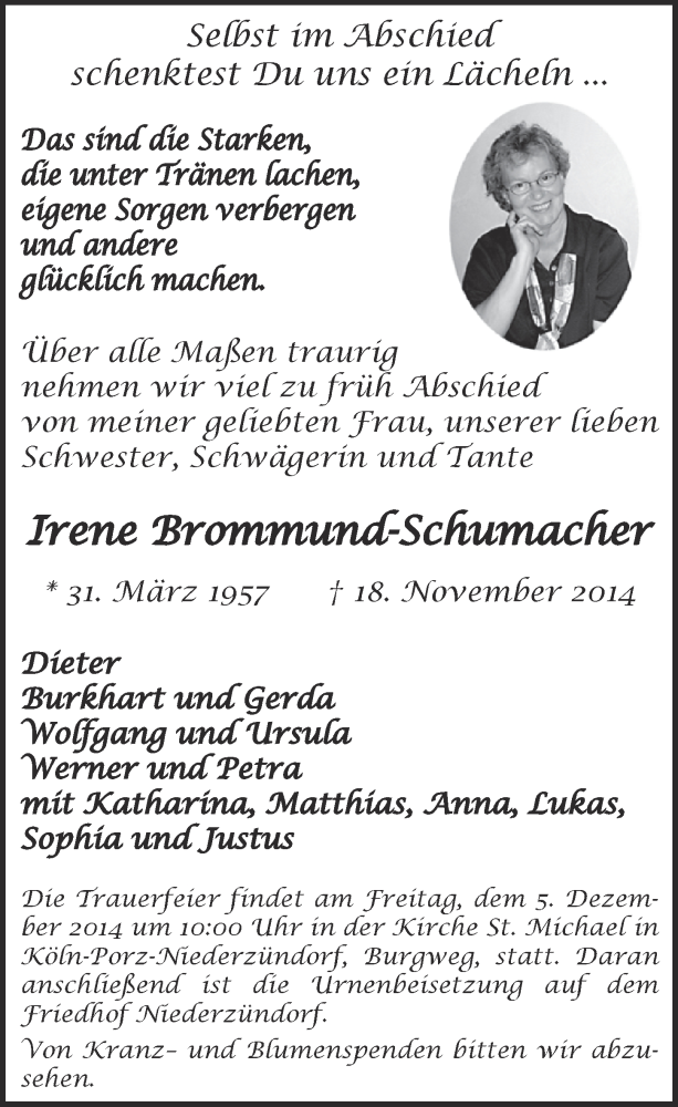  Traueranzeige für Irene Brommund-Schumacher vom 03.12.2014 aus  Kölner Wochenspiegel 