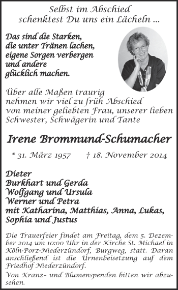 Anzeige von Irene Brommund-Schumacher von  Kölner Wochenspiegel 