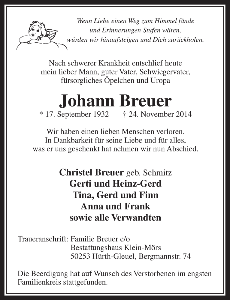  Traueranzeige für Johann Breuer vom 03.12.2014 aus  Wochenende 
