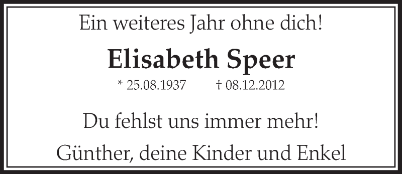  Traueranzeige für Elisabeth Speer vom 06.12.2014 aus  Sonntags-Post 