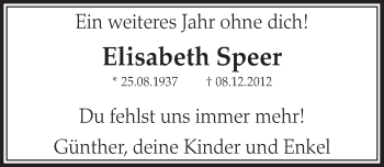 Anzeige von Elisabeth Speer von  Sonntags-Post 