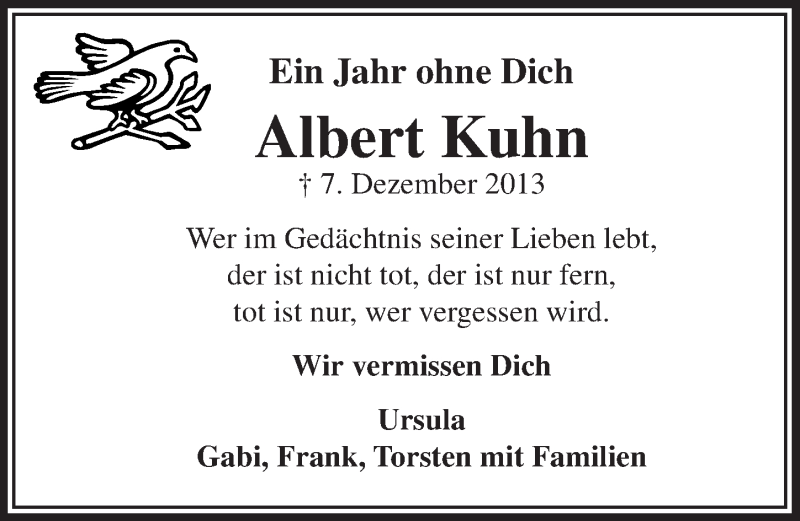  Traueranzeige für Albert Kuhn vom 10.12.2014 aus  Anzeigen Echo  Lokalanzeiger 