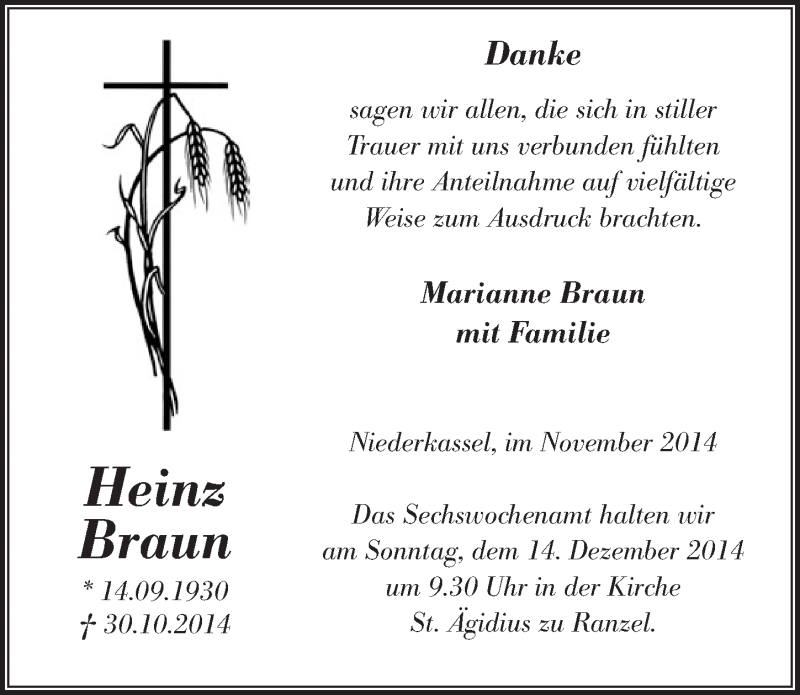  Traueranzeige für Heinz Braun vom 03.12.2014 aus  Extra Blatt 