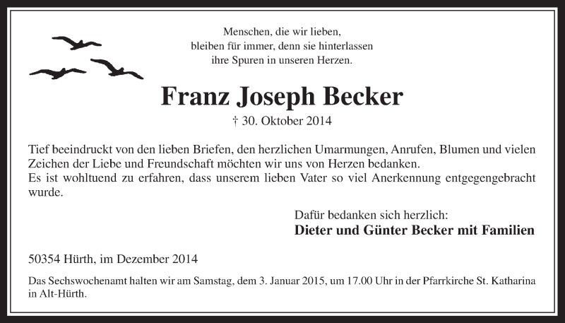  Traueranzeige für Franz Joseph Becker vom 03.12.2014 aus  Wochenende 