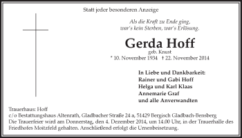 Anzeige von Gerda Hoff von  Bergisches Handelsblatt 
