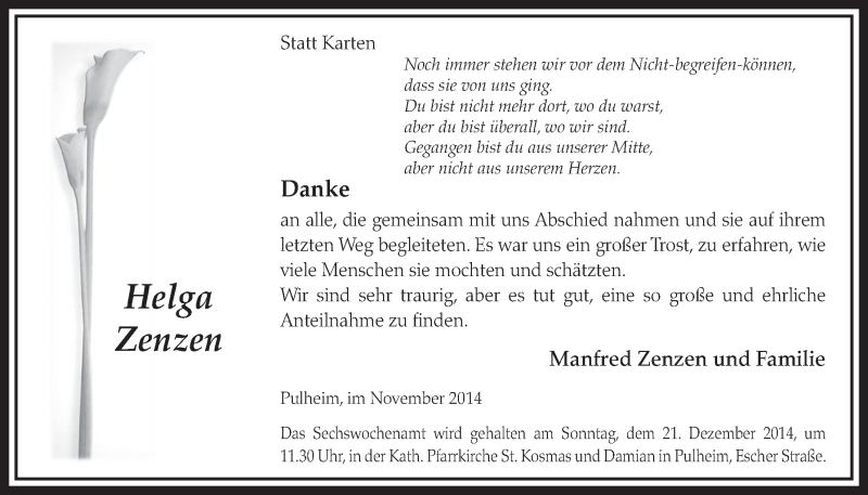  Traueranzeige für Helga Zenzen vom 29.11.2014 aus  Sonntags-Post 