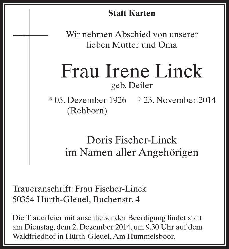  Traueranzeige für Irene Linck vom 29.11.2014 aus  Sonntags-Post 