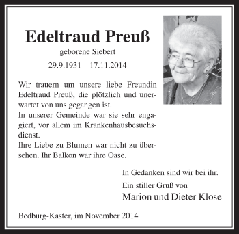Anzeige von Edeltraud Preuß von  Werbepost 