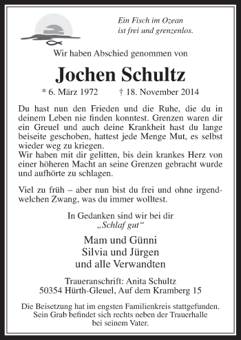 Anzeige von Jochen Schultz von  Wochenende 