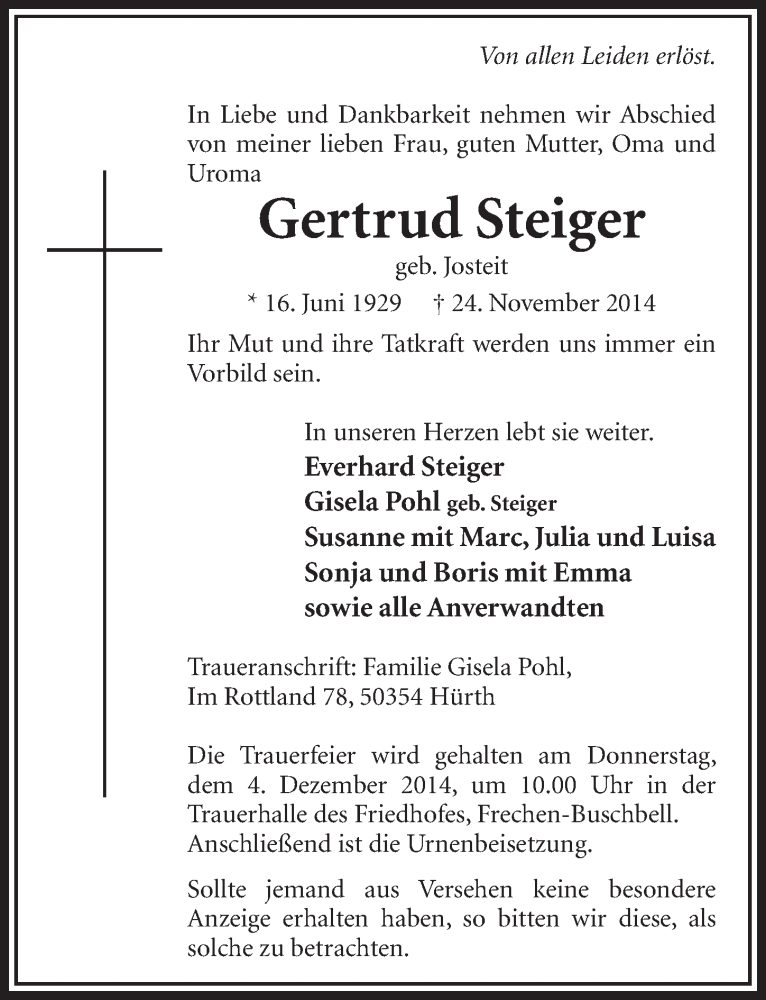  Traueranzeige für Gertrud Steiger vom 29.11.2014 aus  Sonntags-Post 