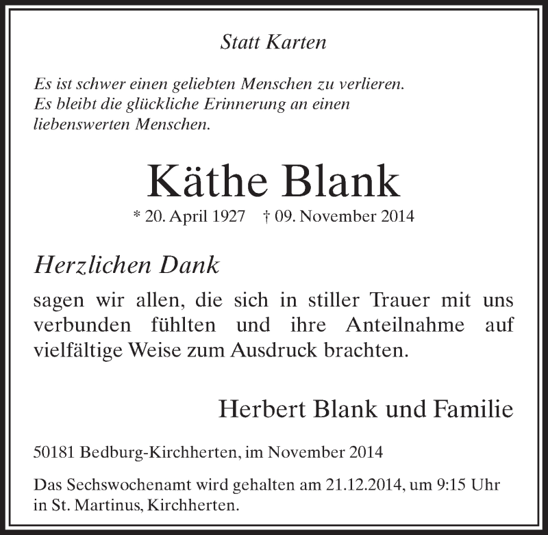  Traueranzeige für Käthe Blank vom 06.12.2014 aus  Sonntags-Post 