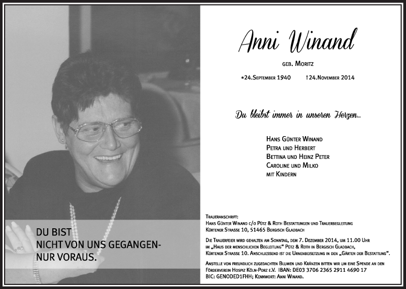  Traueranzeige für Anni Winand vom 03.12.2014 aus  Bergisches Handelsblatt  Kölner Wochenspiegel 