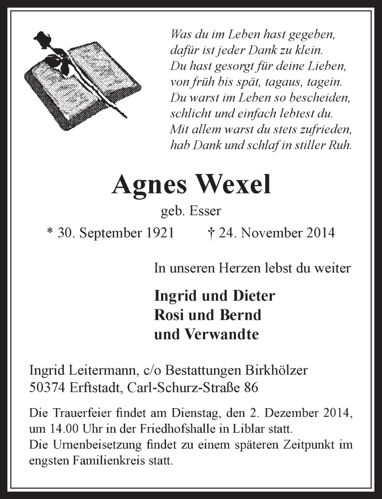 Traueranzeige für Agnes Wexel vom 29.11.2014 aus  Sonntags-Post 