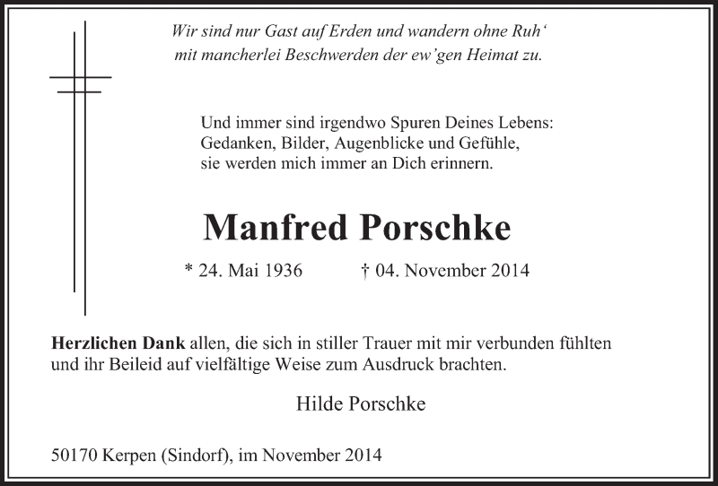 Traueranzeige für Manfred Porschke vom 29.11.2014 aus  Sonntags-Post 