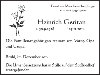Anzeige von Heinrich Geritan von  Schlossbote/Werbekurier 