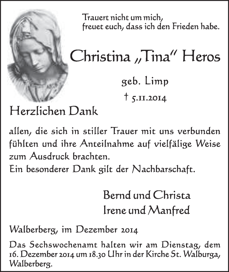  Traueranzeige für Christina Heros vom 10.12.2014 aus  Schlossbote/Werbekurier 