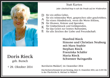 Anzeige von Doris Rieck von  Schaufenster/Blickpunkt  Schlossbote/Werbekurier 