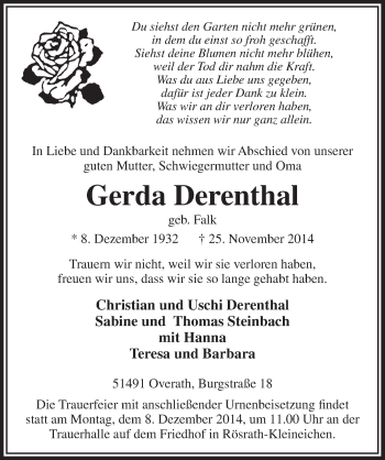 Anzeige von Gerda Derenthal von  Bergisches Sonntagsblatt 