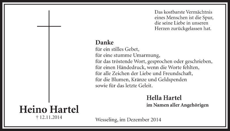  Traueranzeige für Heino Hartel vom 03.12.2014 aus  Schlossbote/Werbekurier 