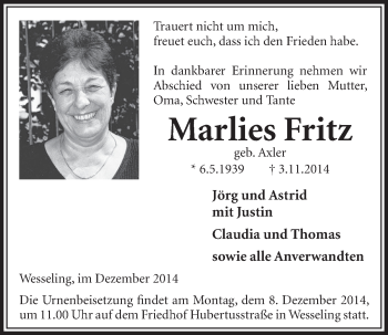 Anzeige von Marlies Fritz von  Schlossbote/Werbekurier 