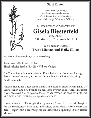 Anzeige von Gisela Biesterfeld von  Schlossbote/Werbekurier 